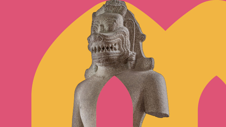 A Cambodian statue from the Royal Alberta Museum exhibit is shown on a pink and yellow background.