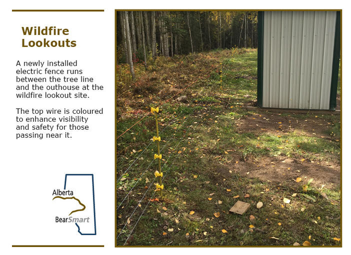 wildfire lookout slide 4 - newly installed electric fence running along a treeline, the top wire is coloured to enhance visibility