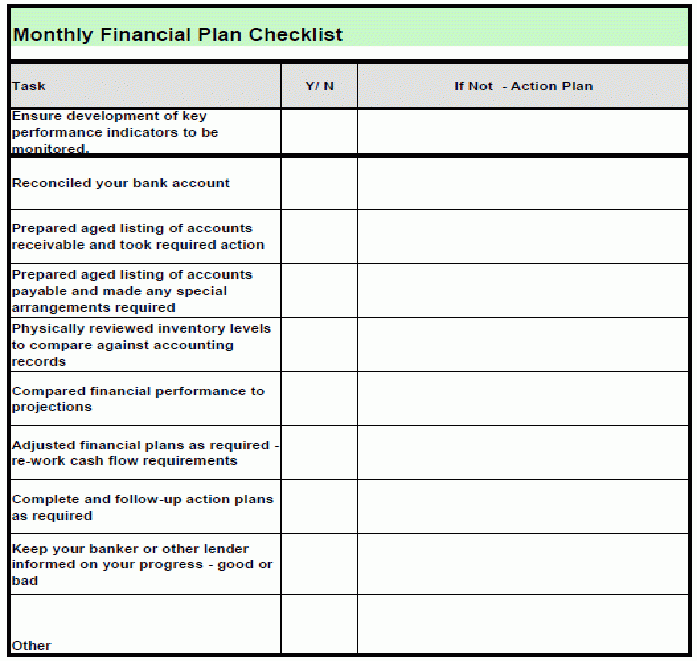 Chart showing monthly financial plan checklist worksheet