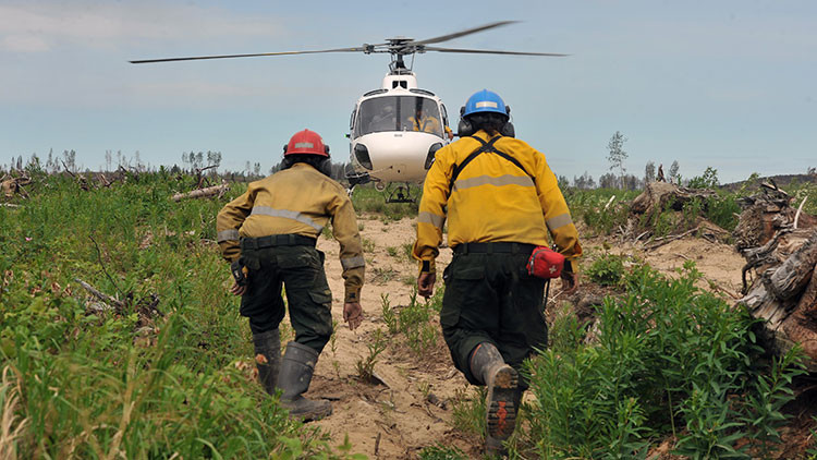 2 firefighters in uniform of yellow long sleeved shirts, black pants, rubber boots, red and blue hard hats, surrounded by greenery and mud, running towards a white helicopter