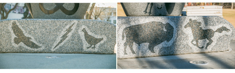Photo of two images showing petroglyphs on opposite sides of the residential school monument. The first side has petroglyphs of an eagle, thunderbolt and prairie chicken, while the other side has a buffalo and horse.