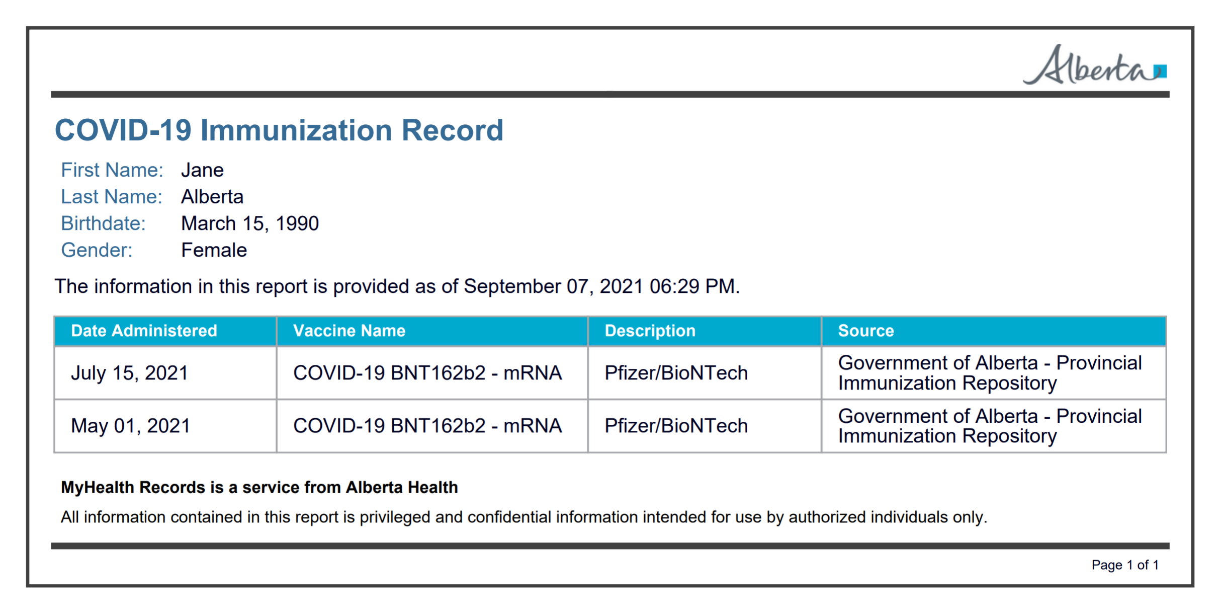 Sample proof of vaccination printable card