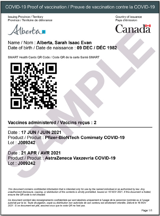 Updated Alberta-issued vaccine record for travel