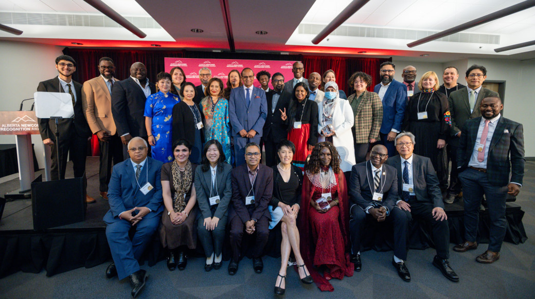2023 Alberta Newcomer Recognition Awards group photo of 31 award recipients with Minister Muhammad Yaseen on October 12, 2023.