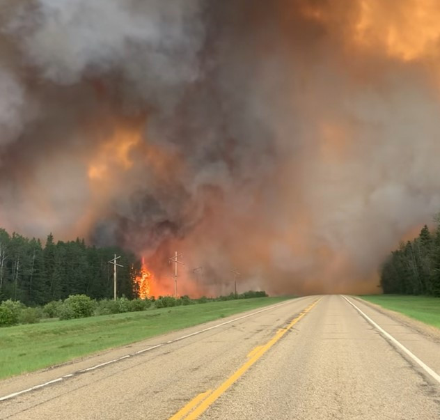 A plume of smoke rises from the trees on a roadside, visible flames coming from the forest