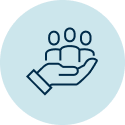 Hand holding a group of people icon.
