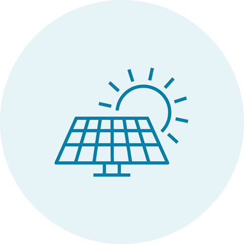 Light blue circle with darker blue icon of a solar panel with the sun behind it