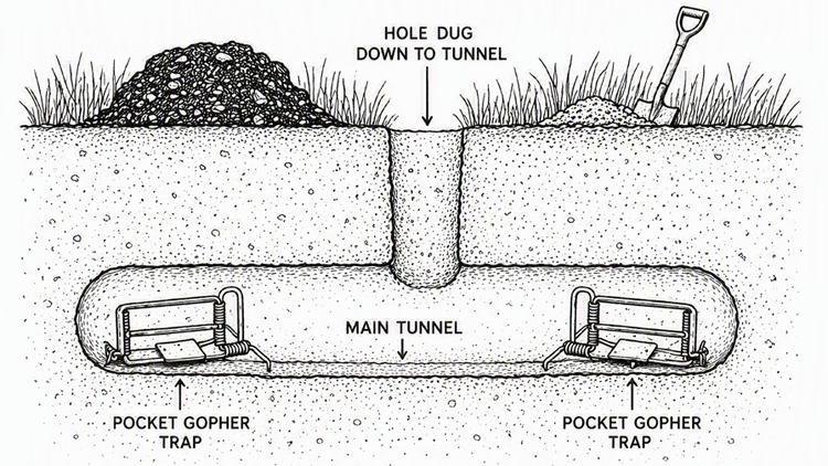 Diagram showing northern pocket gopher trap placement in underground tunnel
