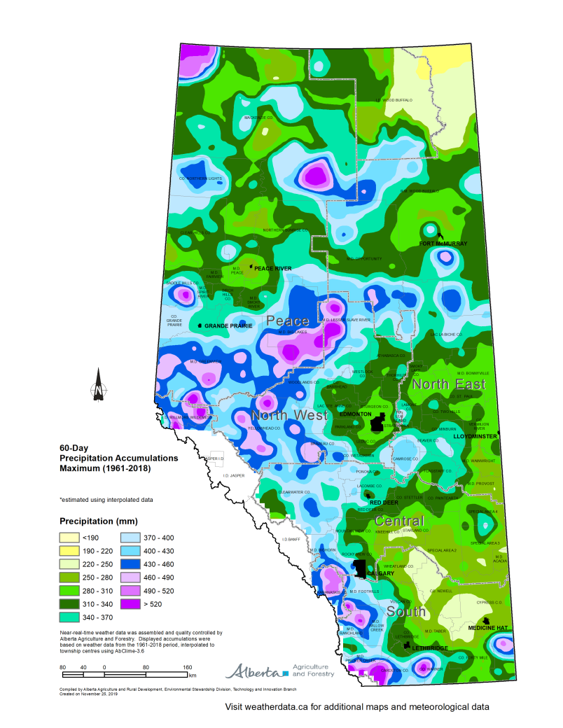 Map of Alberta sixty day precipitation accumulations maximum 1961 to 2018.
