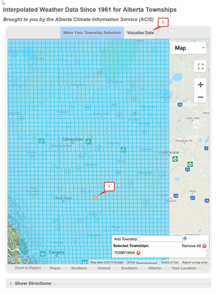 Interpolated weather data since 1961 for Alberta townships from Alberta Climate Information Service ACIS map used to make township selection.