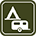 Black and white icon with a triangular shaped tent and trailer