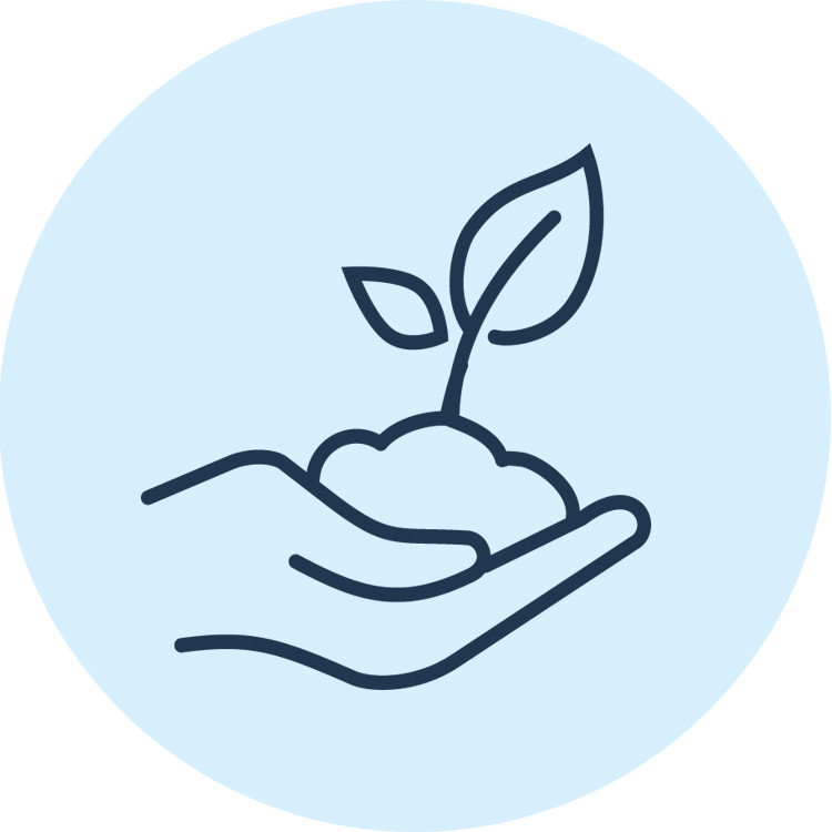 Icon illustration of hand holding seedling in soil