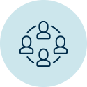 Outline of four head and shoulder images in a circle configuration with lines joining them on a light blue background