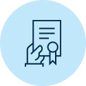 Illustration of a hand holding a piece of paper with three horizontal lines on it and a seal in the bottom right corner on a light blue background circle