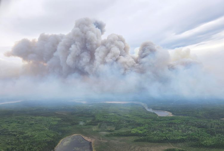 A large column of thick smoke rises into the cloudy sky from an active wildfire burning in a forested area. Dense green trees cover the landscape, with a few visible lakes and wetlands below.