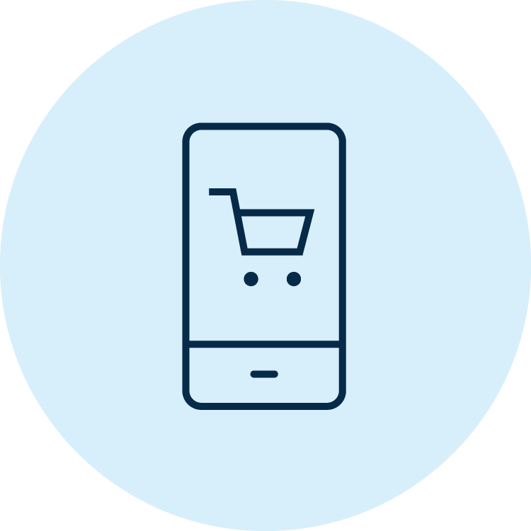 Icon featuring a solid blue circle at the centre of which is a black line illustration of a cellphone with a shopping cart displayed on the screen