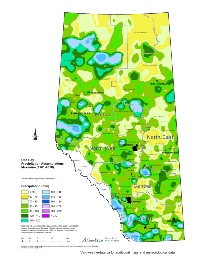 Map of Alberta one day precipitation accumulation maximum 1961 to 2018.