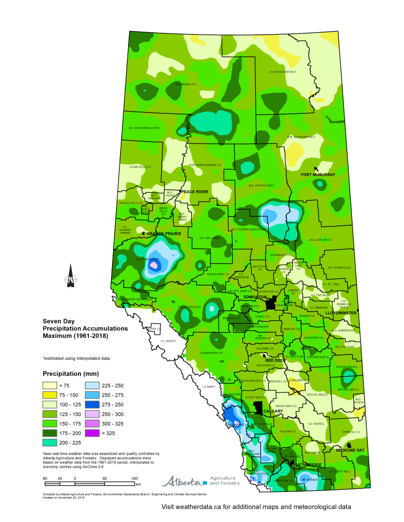 Map of Alberta seven day precipitation accumulations maximum 1961 to 2018.