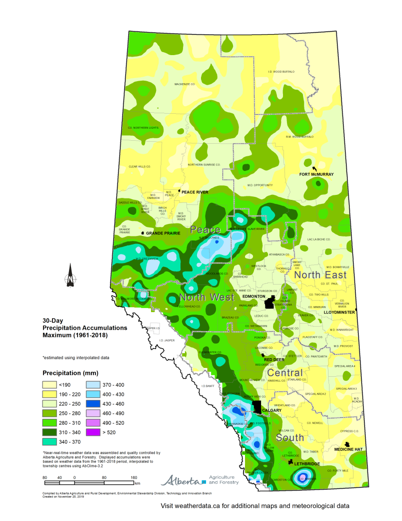 Map of Alberta thirty day precipitation accumulations maximum 1961 to 2018.