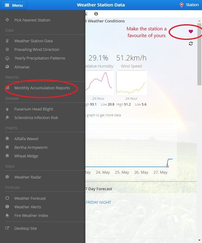 Screenshot of Alberta Climate Information Service (ACIS) weather app data