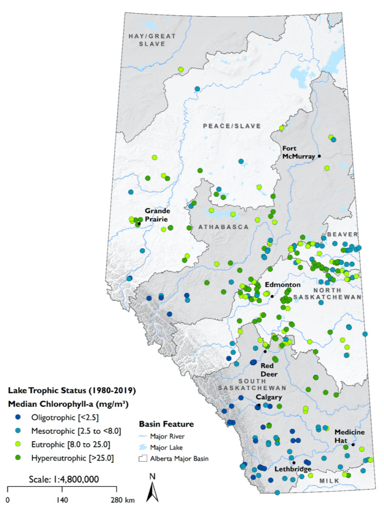 Photo of an Alberta map showing the Lake trophic status based on median chlorophyll-a concentration