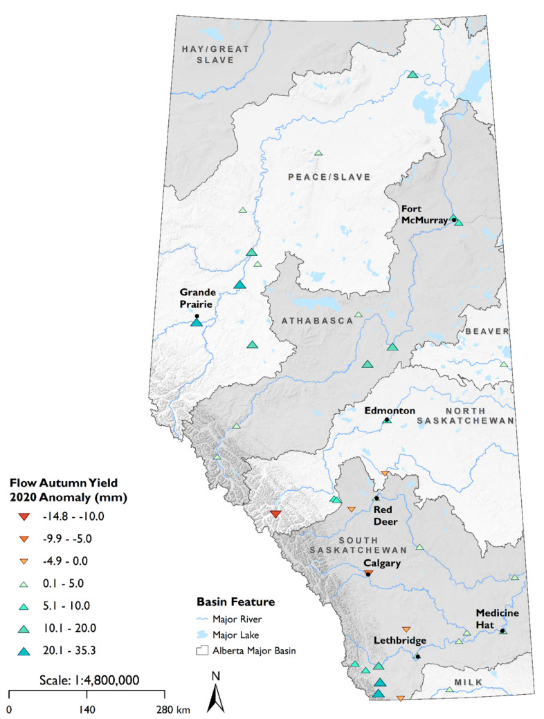 Figure 5. Autumn (OND) water yield anomalies for 2020, relative to long term (1981-2019) mean