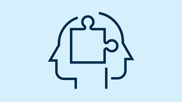 Icon of 2 side profile faces, facing out, with a puzzle piece in the middle