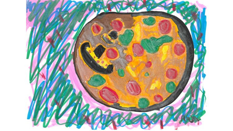Kids drawing of a pizza.