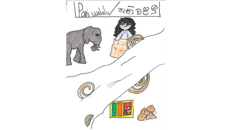 Kids drawing of a pani walalu,  a Sri Lankan traditional new year sweet that made out of fermented split black gram paste.