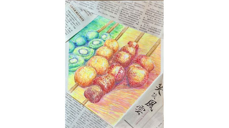 Kids drawing of Tanghulu, a popular Chinese street food featuring fresh fruit skewered on bamboo sticks and coated in a hardened sugar syrup, creating a crunchy shell.