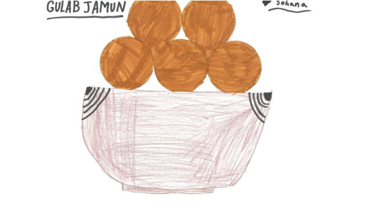 Kids drawing of Gulab jamun, a popular Indian dessert.