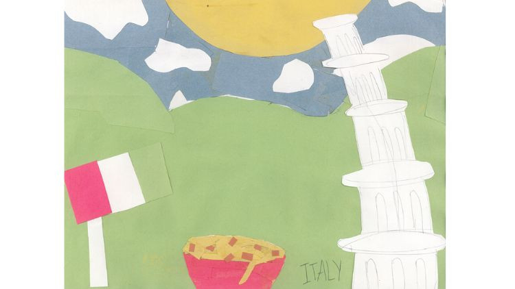 Kids drawing of pasta with the Pisa Tower and the Italian flag.