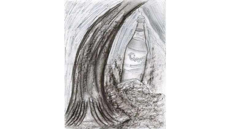 Kids drawing of a bottle of Ting,  a popular Jamaican carbonated beverage made from Jamaican grapefruit juice.