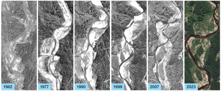 Image shows channel migration, or the movement of a river, from 1962 until 2023.