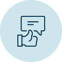Outline of caption cloud with thumbs up below that on a light blue background