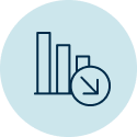 Outline of a three bar chart with an arrow in a circle in the bottom right corner on a light blue background