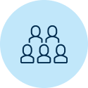 Illustration of three people's heads on bottom row then 2 people's heads on top row over a light blue background circle