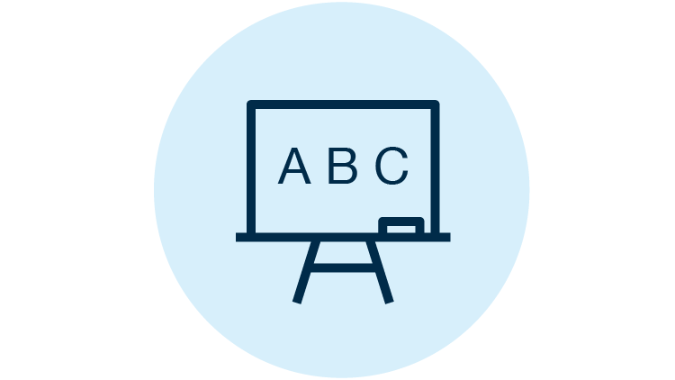 Outline of chalkboard with capital letters A, B and C on a light blue circle