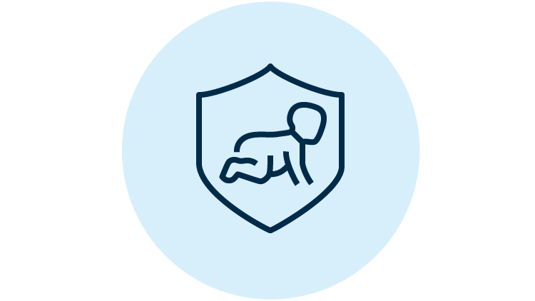 Outline of crawling baby in a sheild on a light blue circle