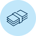 Illustration of slips of paper to illustrate money bound together by a band on a light blue background circle