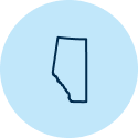 Illustration of the outline of the province of Alberta on a light blue background circle