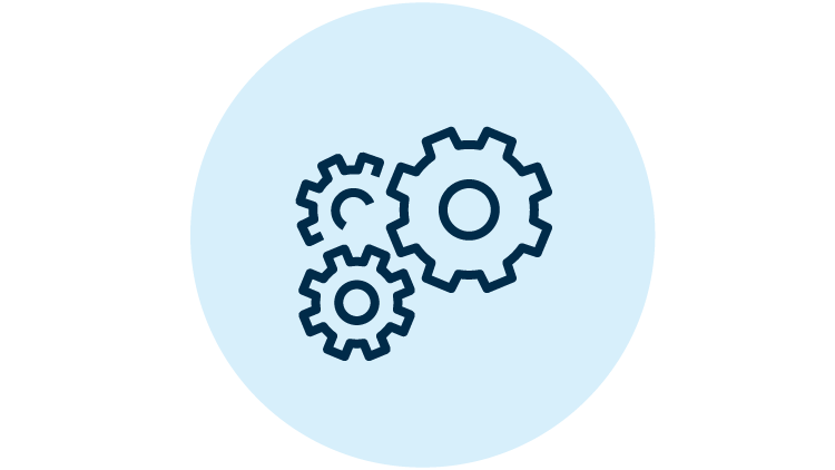 Outline of three gears, each a different size, overlapping each other on a light blue circle