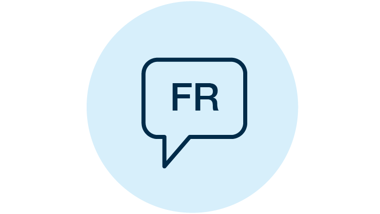 Outline of dialogue box with capital letters FR within it on a light blue circle