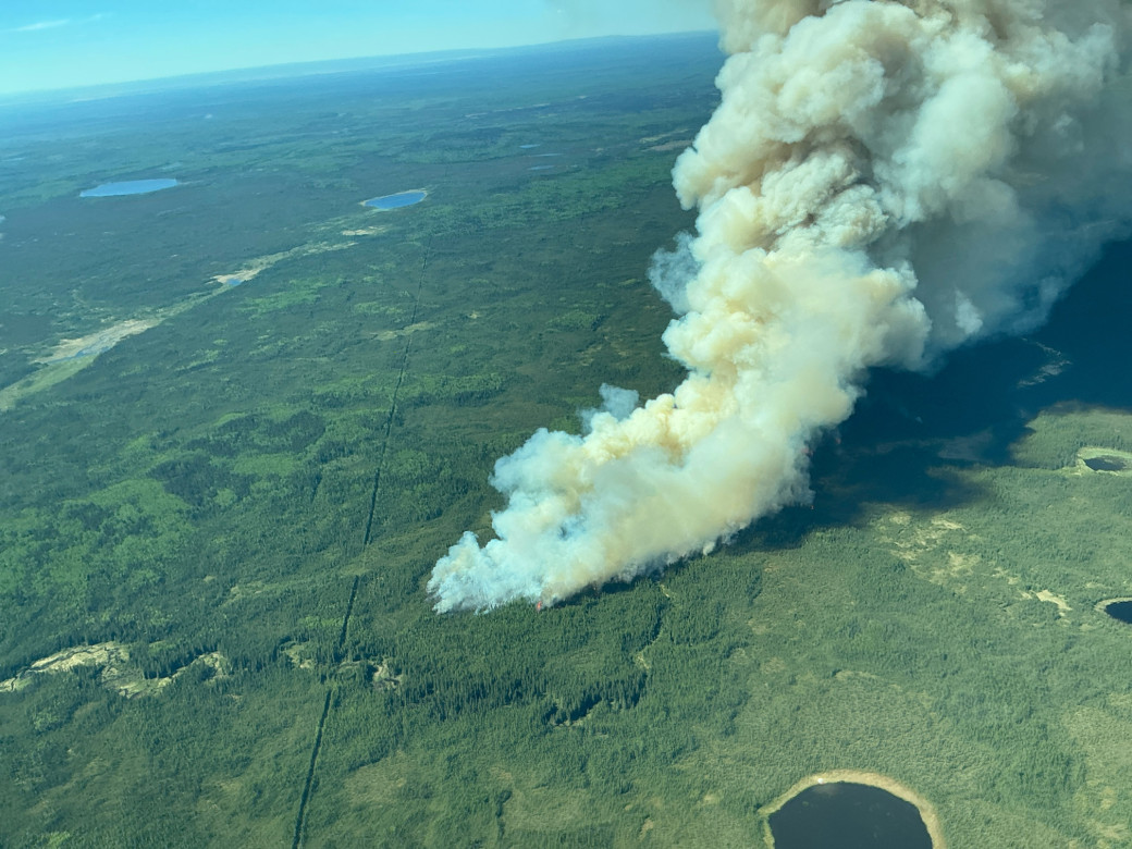 Thick smoke rises from the forest in an aerial photo. Small flames can be seen near the base.