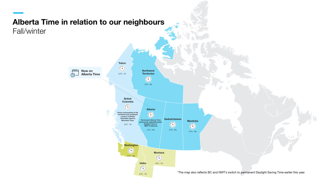 Graphic of a map of western Canada showing time zones during fall and winter.