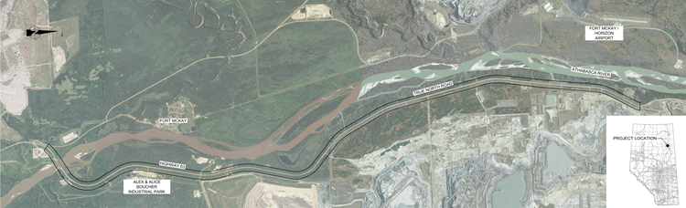  Aerial map covering the Highway 63 Improvements Functional Planning Study Area, at Highway 63 and True North Road between Peter Lougheed Bridge and Fort Hills, Alberta.