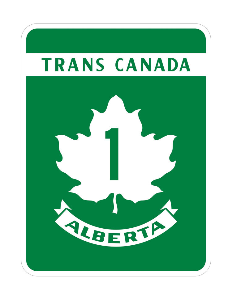 Green and white Trans-Canada travel route highway sign: Text: "Trans Canada" above a maple leaf with "1" in the centre; "Alberta" banner below
