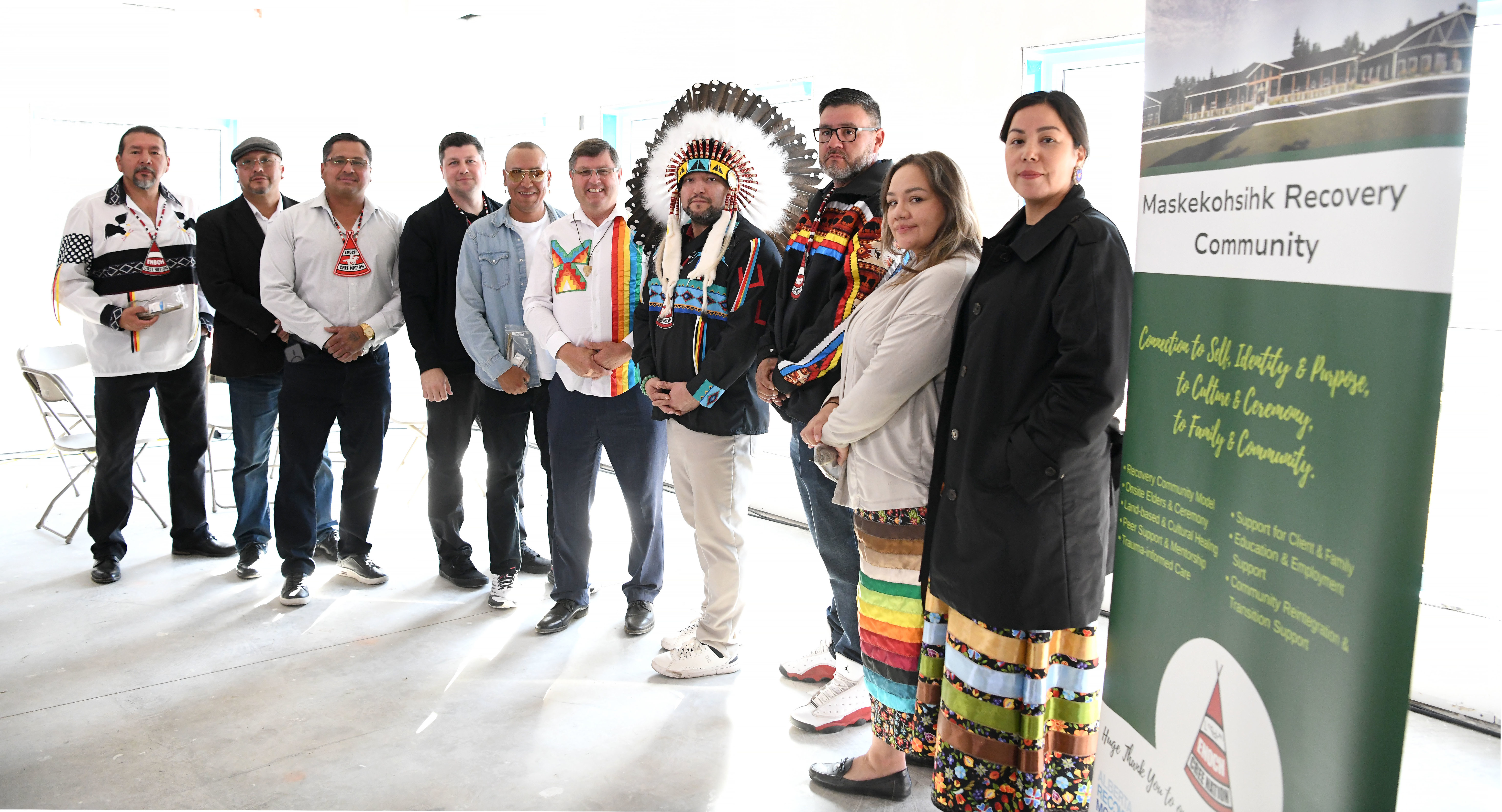 Mental Health and Addiction Minister Rick Wilson and Chief Cody Thomas (centre) were joined by Enoch Council members as they got a tour of the Maskêkosihk Recovery Community being built at Enoch Cree Nation.