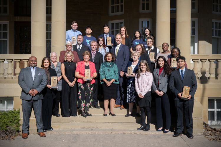Lt.-Gov. Salma Lakhani and Assisted Living and Social Services Minister Nathan Neudorf posed with recipients of the 2026 Minister’s Seniors Service Awards presented at Government House on Oct. 1.