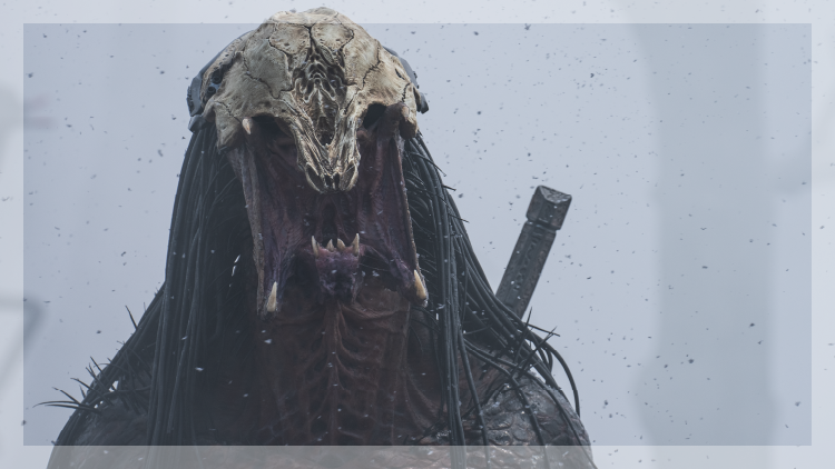 Close-up of an alien being with a bone-like skull top standing in the snow